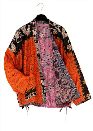 Reversible one of a kind silk jacket from collected vintage fabrics. Beautiful blend of art and craft.