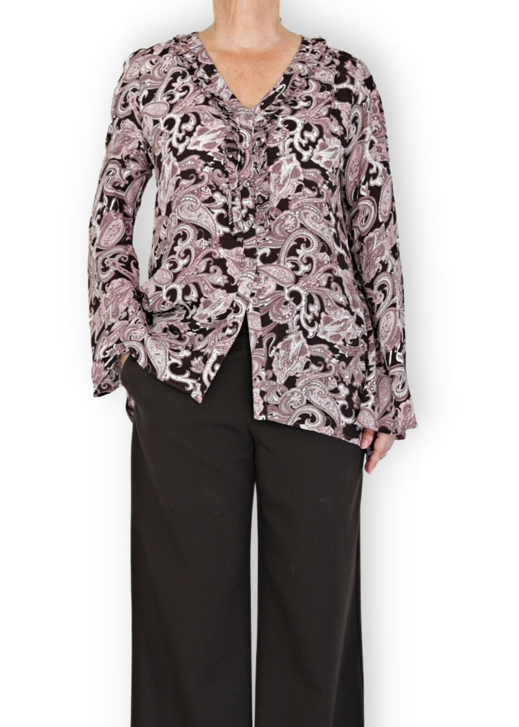 Långärmad blus i crêpe viskos - Pink/Brown