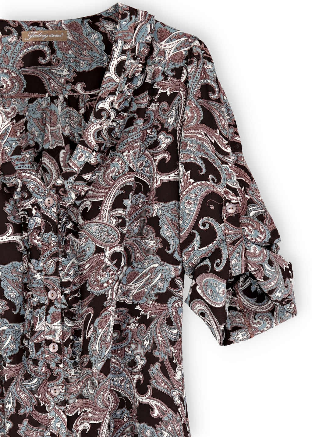 Långärmad blus i crêpe viskos - Blue/Brown