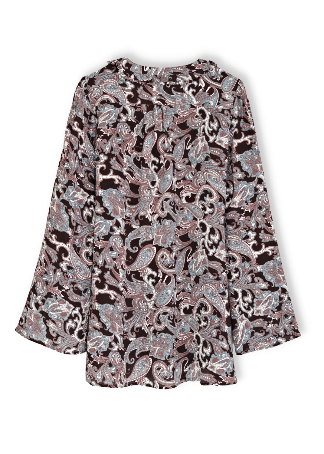 V-ringad stilig feminin blus med lång ärm i paisley mönstrad viskos crêpe. Mini volanger, klockformade ärmarna som går att knäppa upp till 3/4 ärm.