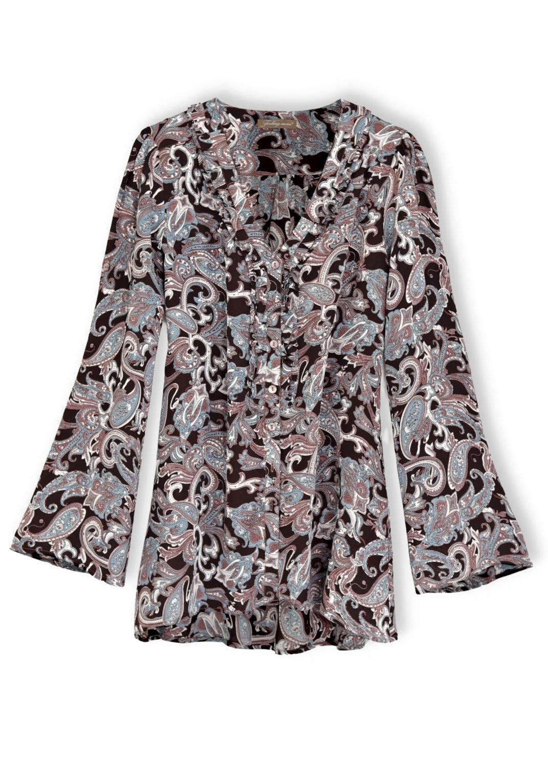 V-ringad stilig feminin blus med lång ärm i paisley mönstrad viskos crêpe. Mini volanger, klockformade ärmarna som går att knäppa upp till 3/4 ärm.