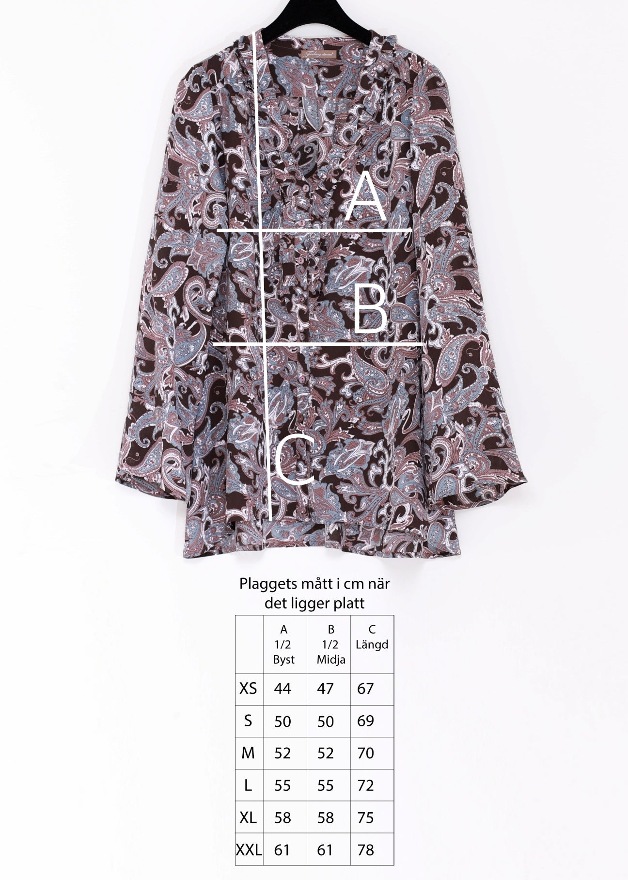 Långärmad blus i crêpe viskos - Blue/Brown