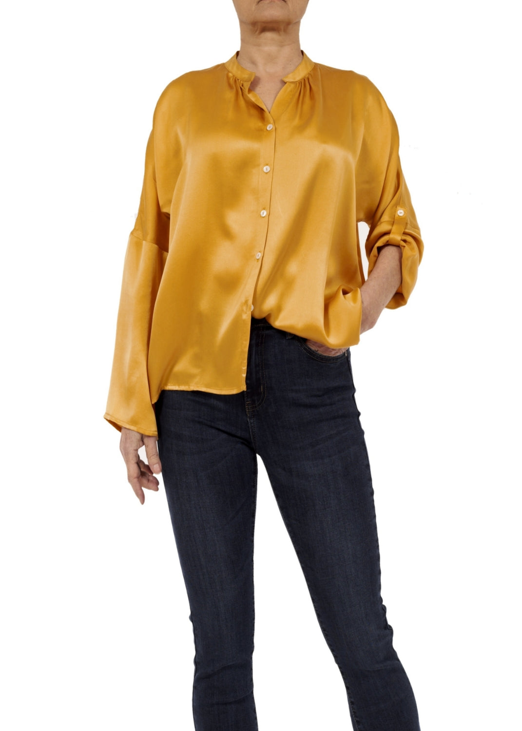 Sidenblus med stå-krage - gold yellow