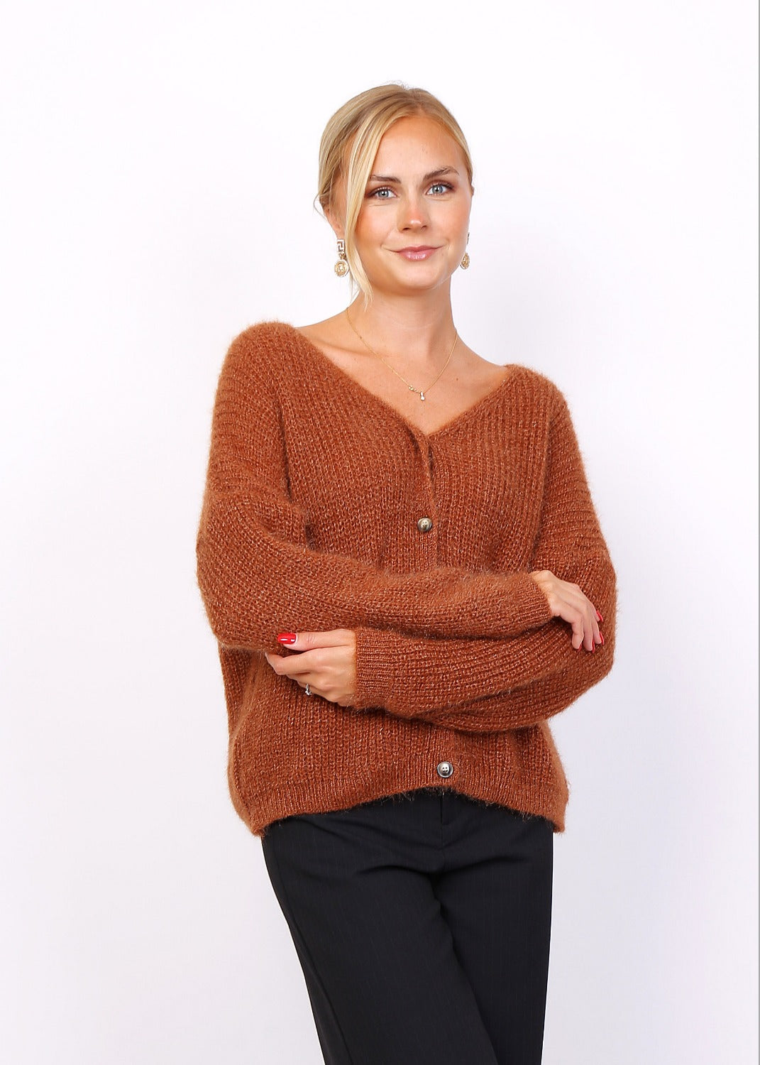 V-ringad cardigan - cinnamon