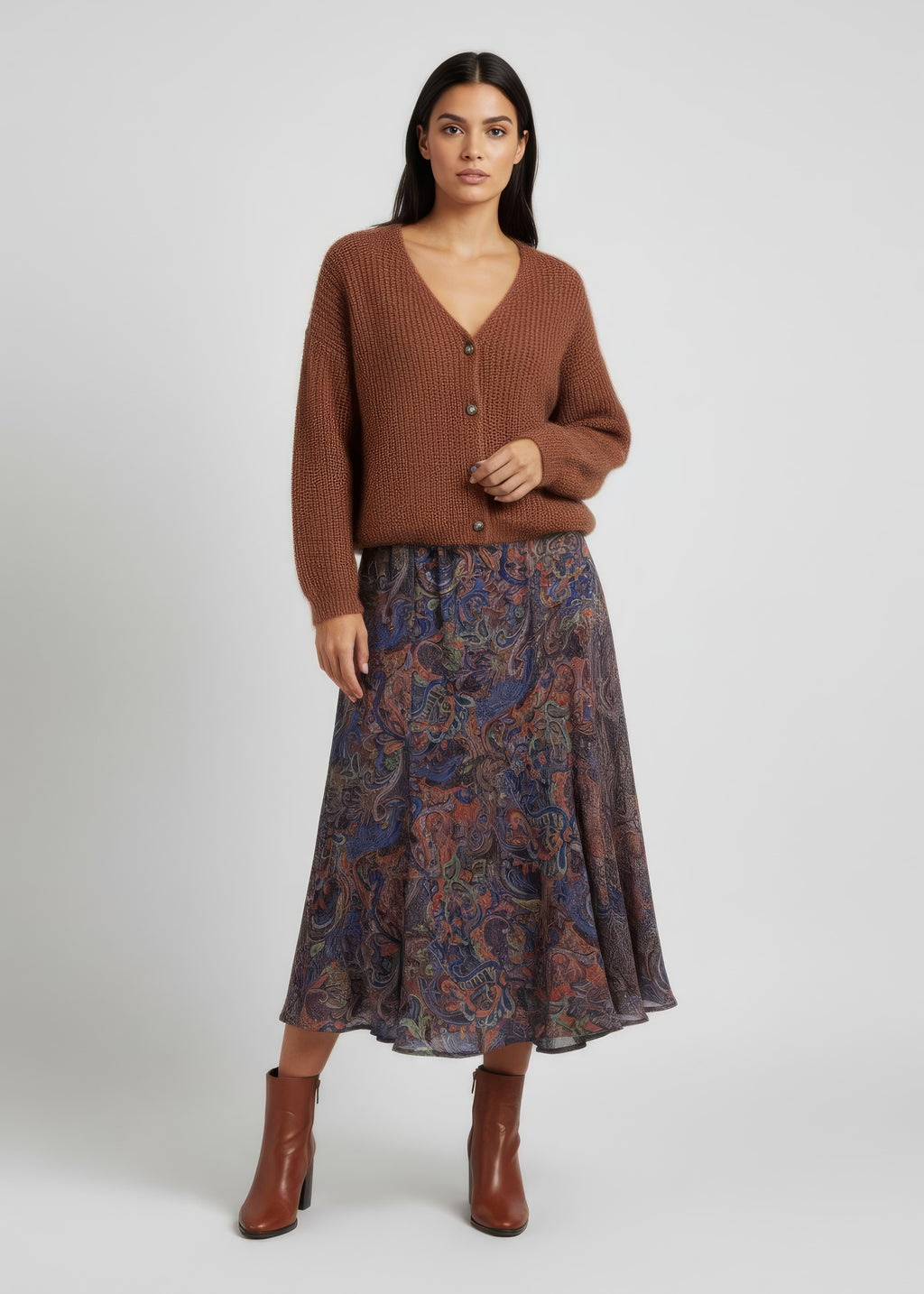 Maxi lång kjol i viskos crêpe georgette - Blue-Brown paisley