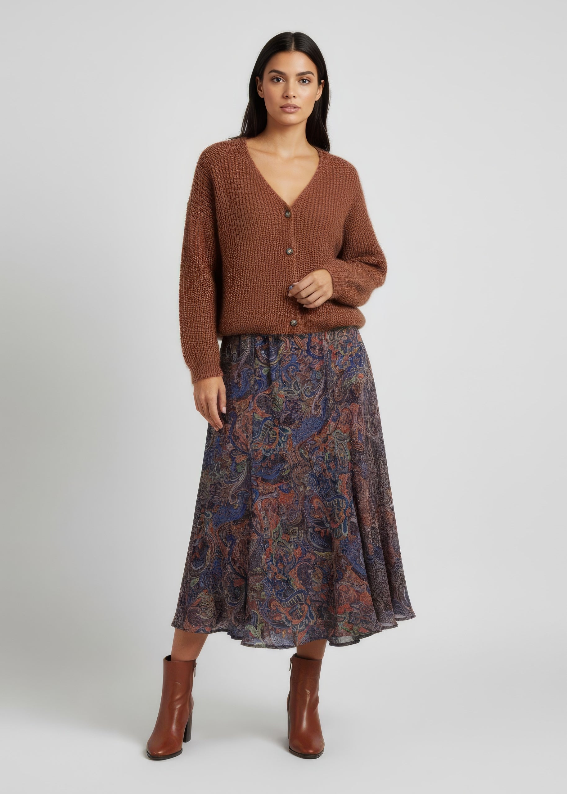 Maxi lång kjol i viskos crêpe georgette - Blue-Brown paisley