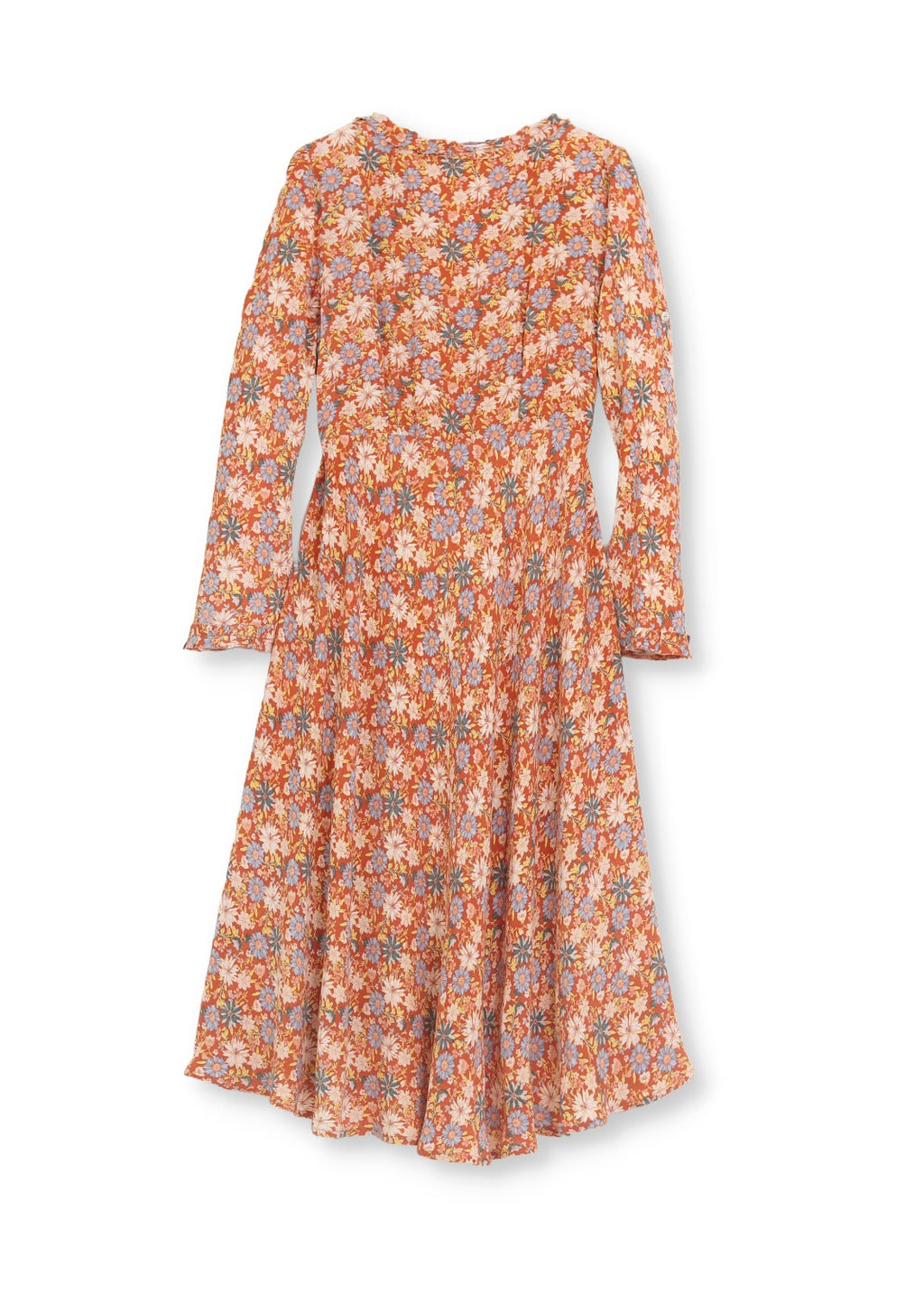 Småblommig Crepe viskos klänning, hög midja, extra vidd i kjolen. V-ringad med  klockformade ärmar ger en 70s bohemisk look. Bakvy