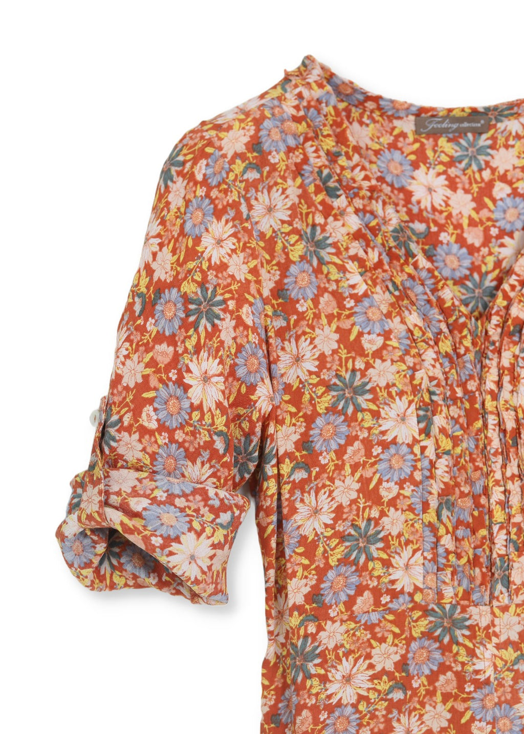 Ärmdetalj för Småblommig Crepe viskos klänning, hög midja, 70s bohemisk look.  