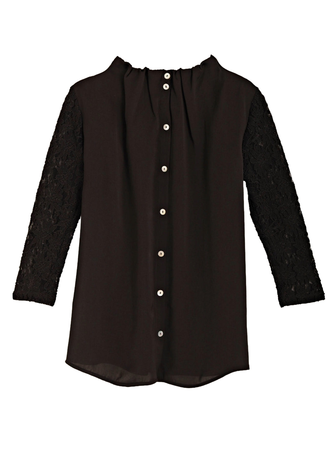 Blus med draperad hals och spets ärmar