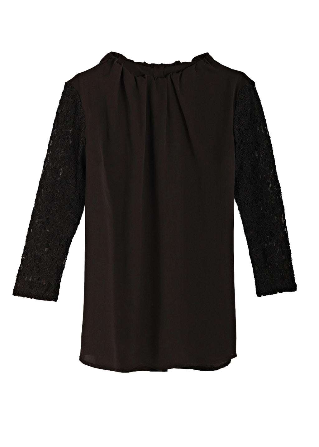 Blus med draperad hals och spets ärmar