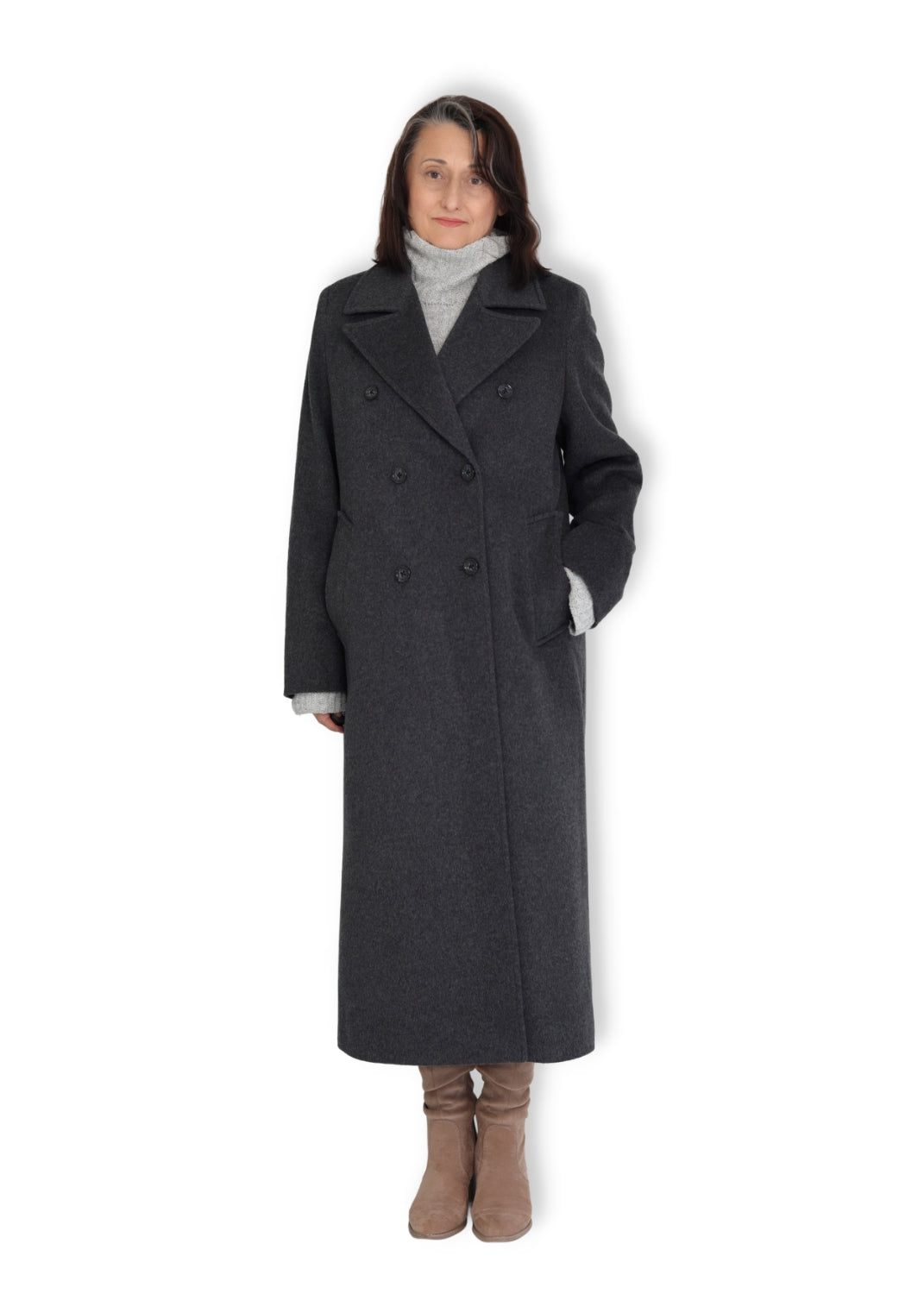 Lång dubbelknäppt Ull kappa - Grey