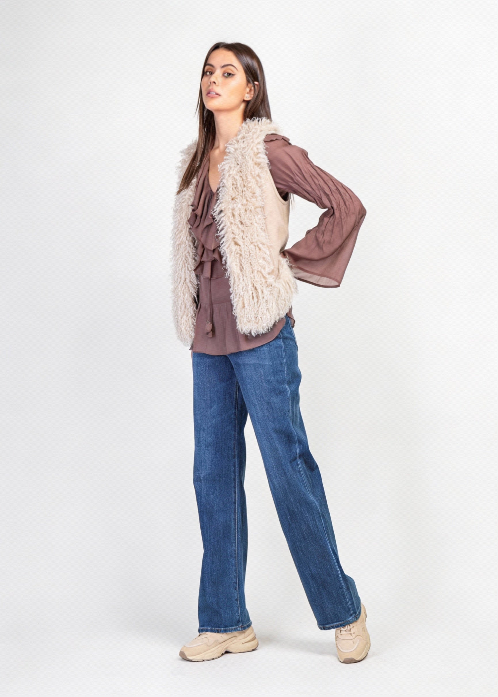 Väst med fuskpäls - camel