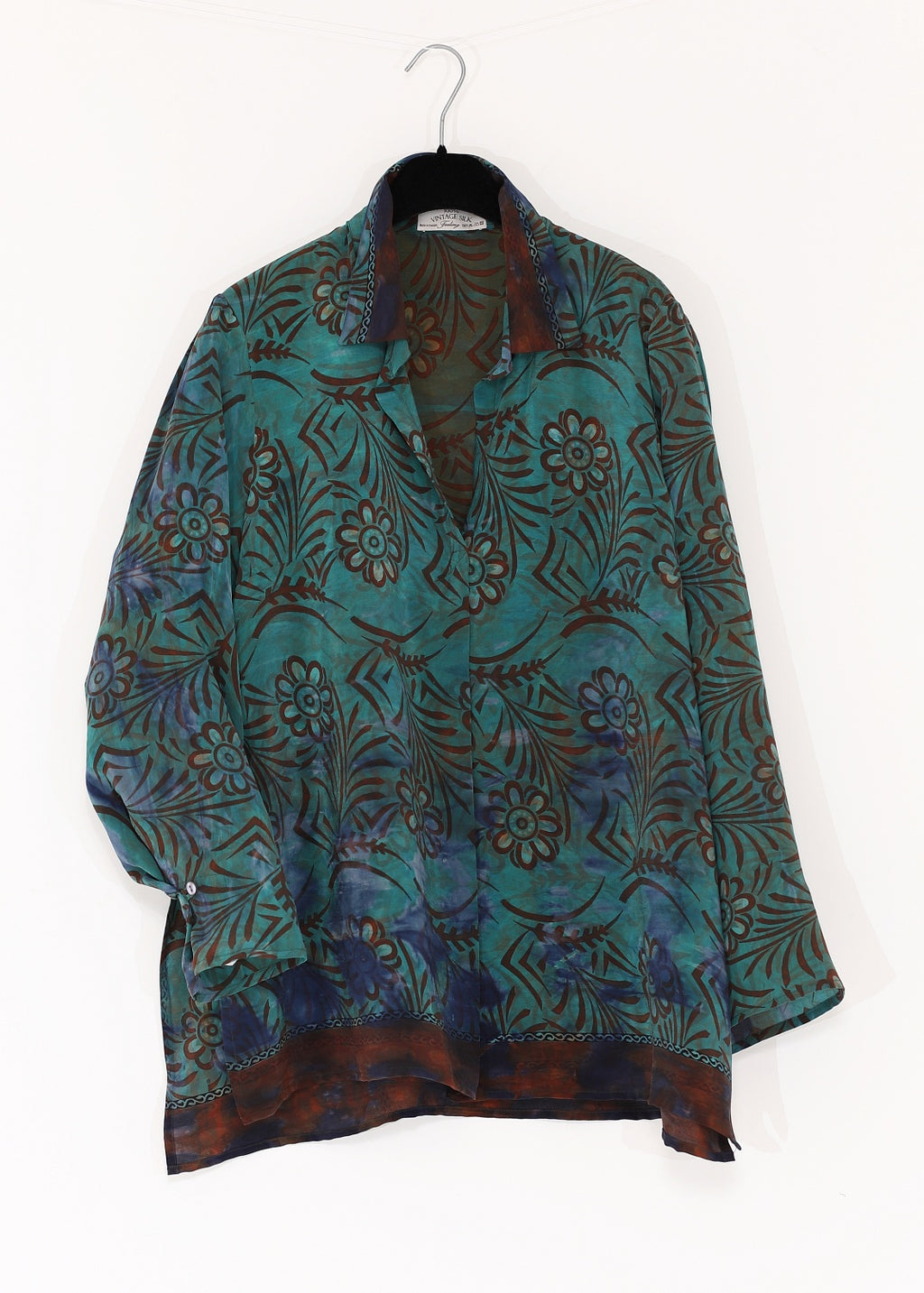 Handmålad Siden blus med med skjortkrage - Emerald