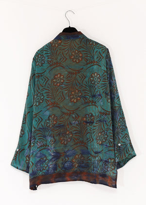 Handmålad Siden blus med med skjortkrage - Emerald