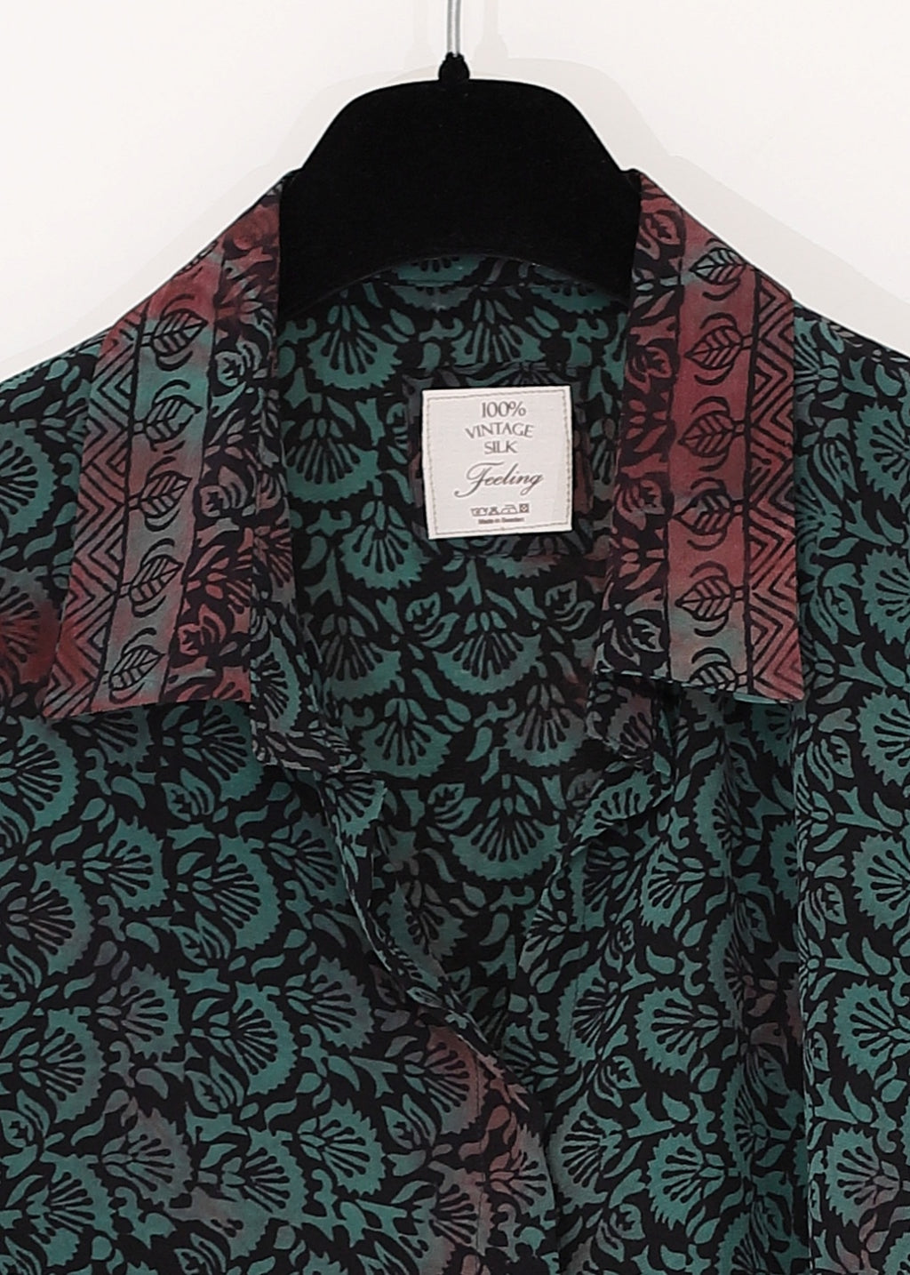 Vintage Siden blus med med skjortkrage - Bottle green