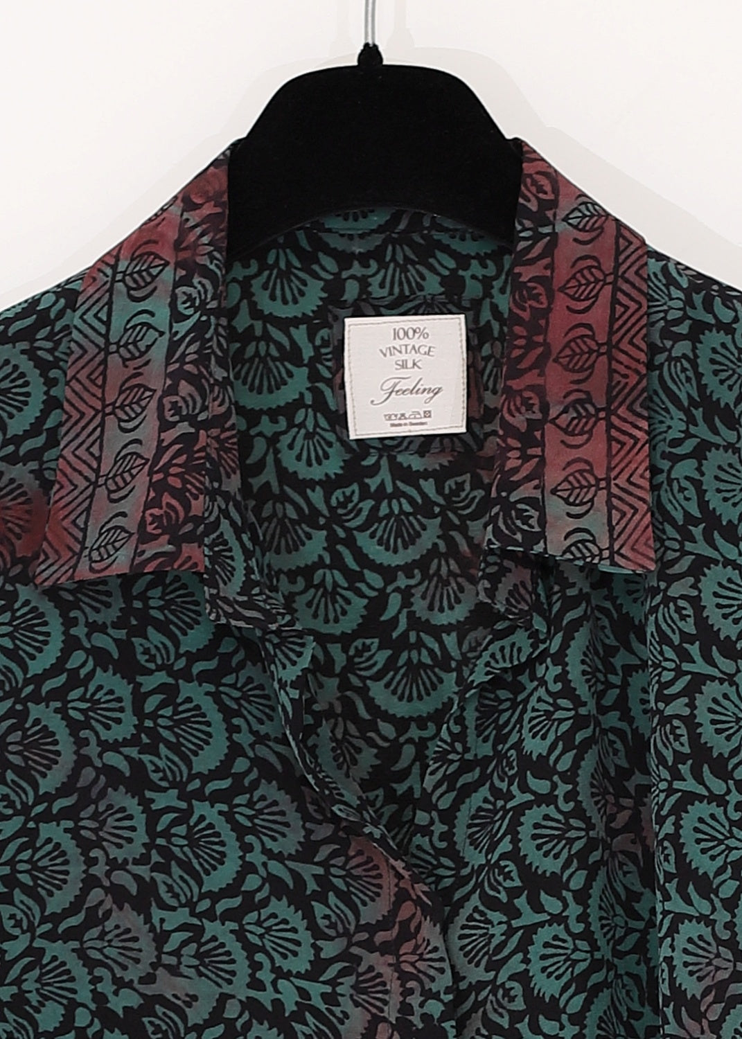 Vintage Siden blus med med skjortkrage - Bottle green