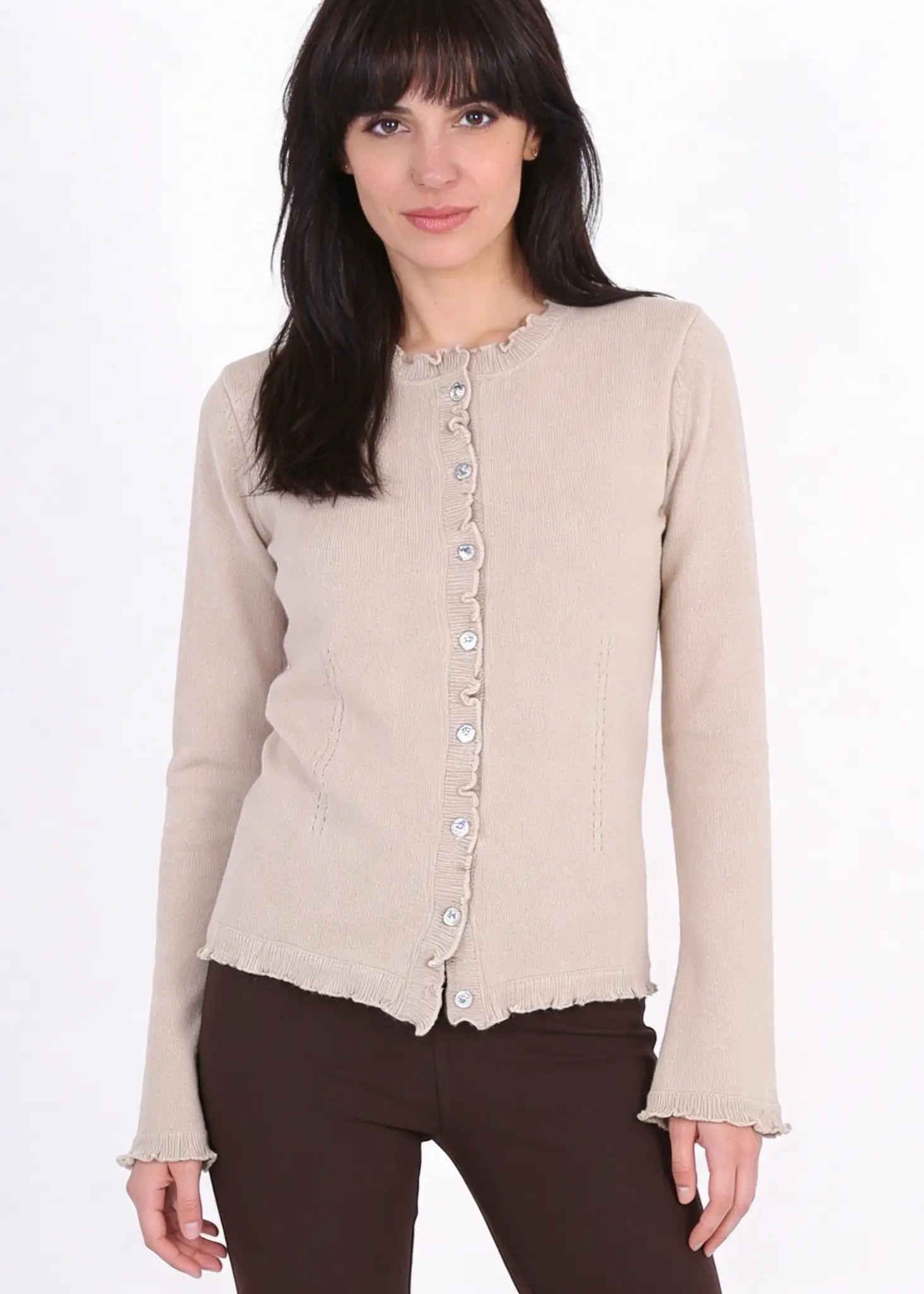 Sand färgad Kashmir cardigan med romatiska detaljer