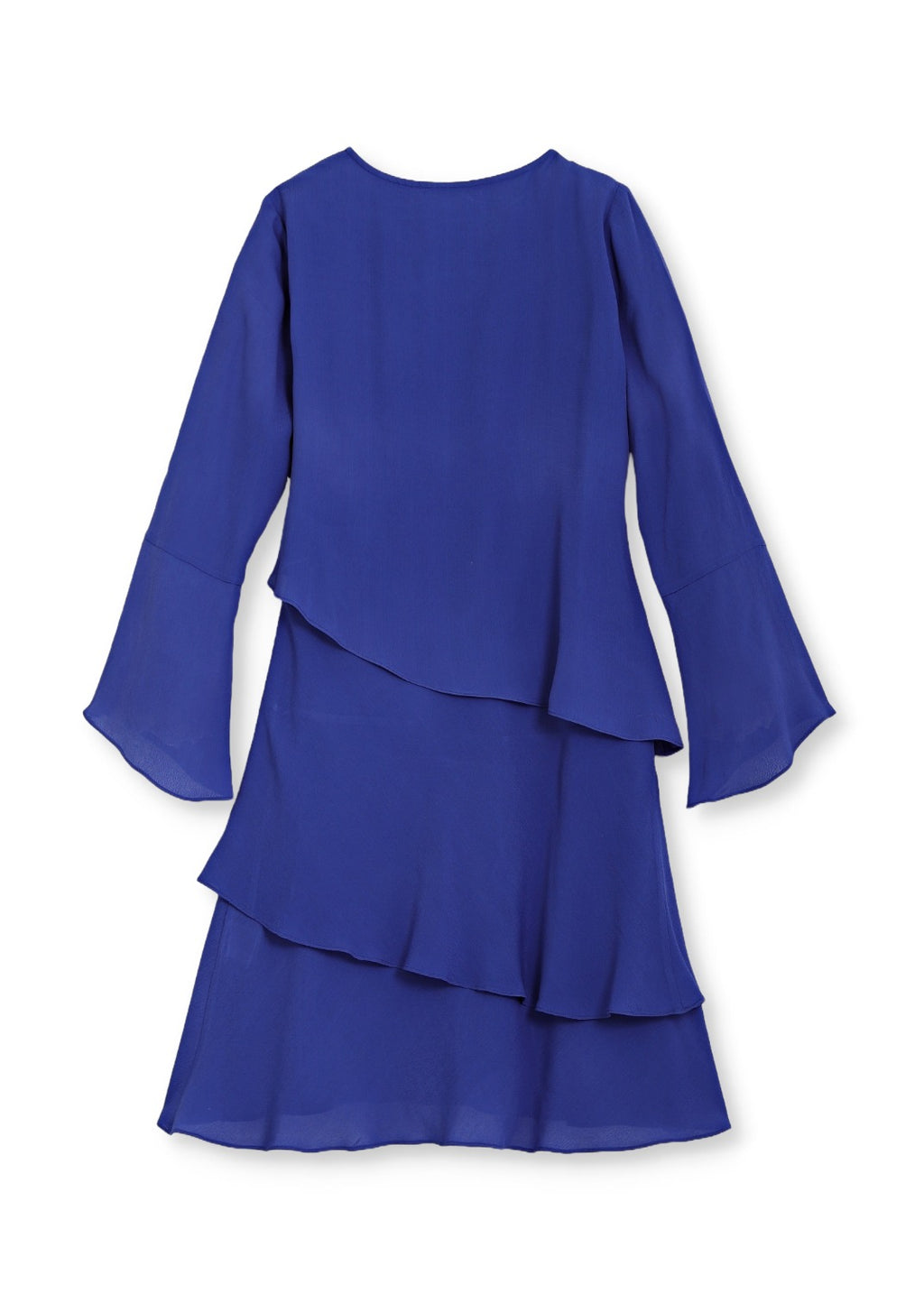Långärmad klänning med volanger i viskos crepe - blue