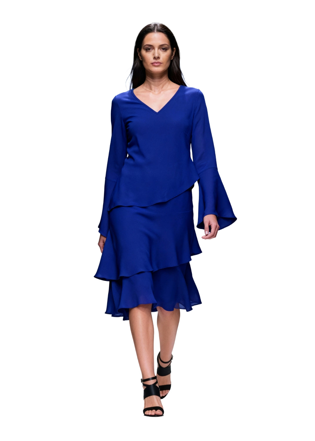 Långärmad klänning med volanger i viskos crepe - blue