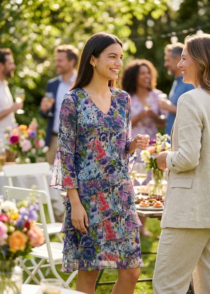 Klänning med volanger i viskos georgette | Lottie Blue rose