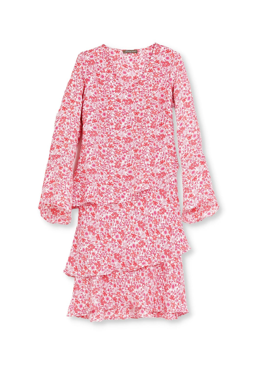 Klänning med volanger i blommig viskos crepe - Pink flower