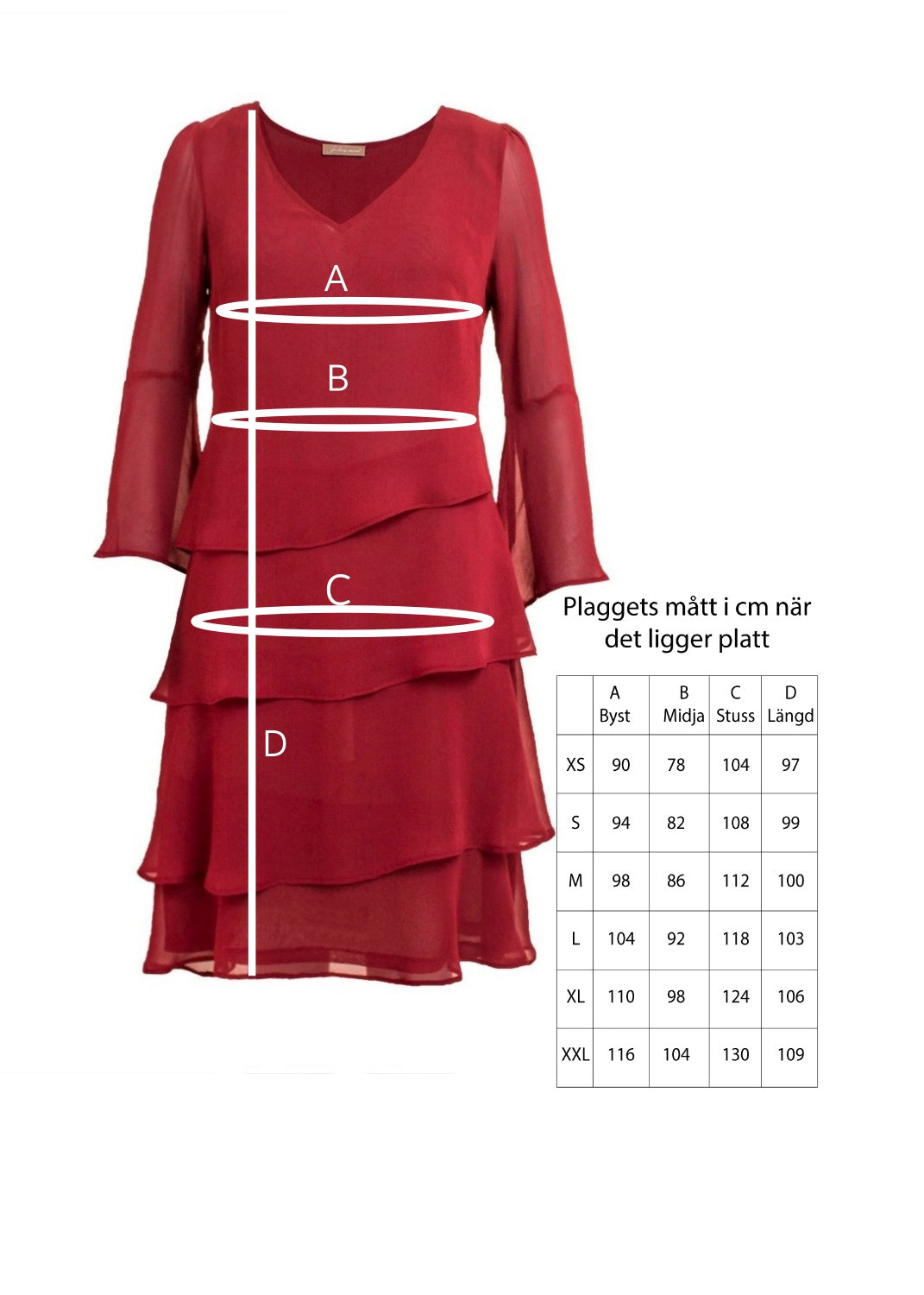 Klänning med volanger i rubin röd viskos georgette