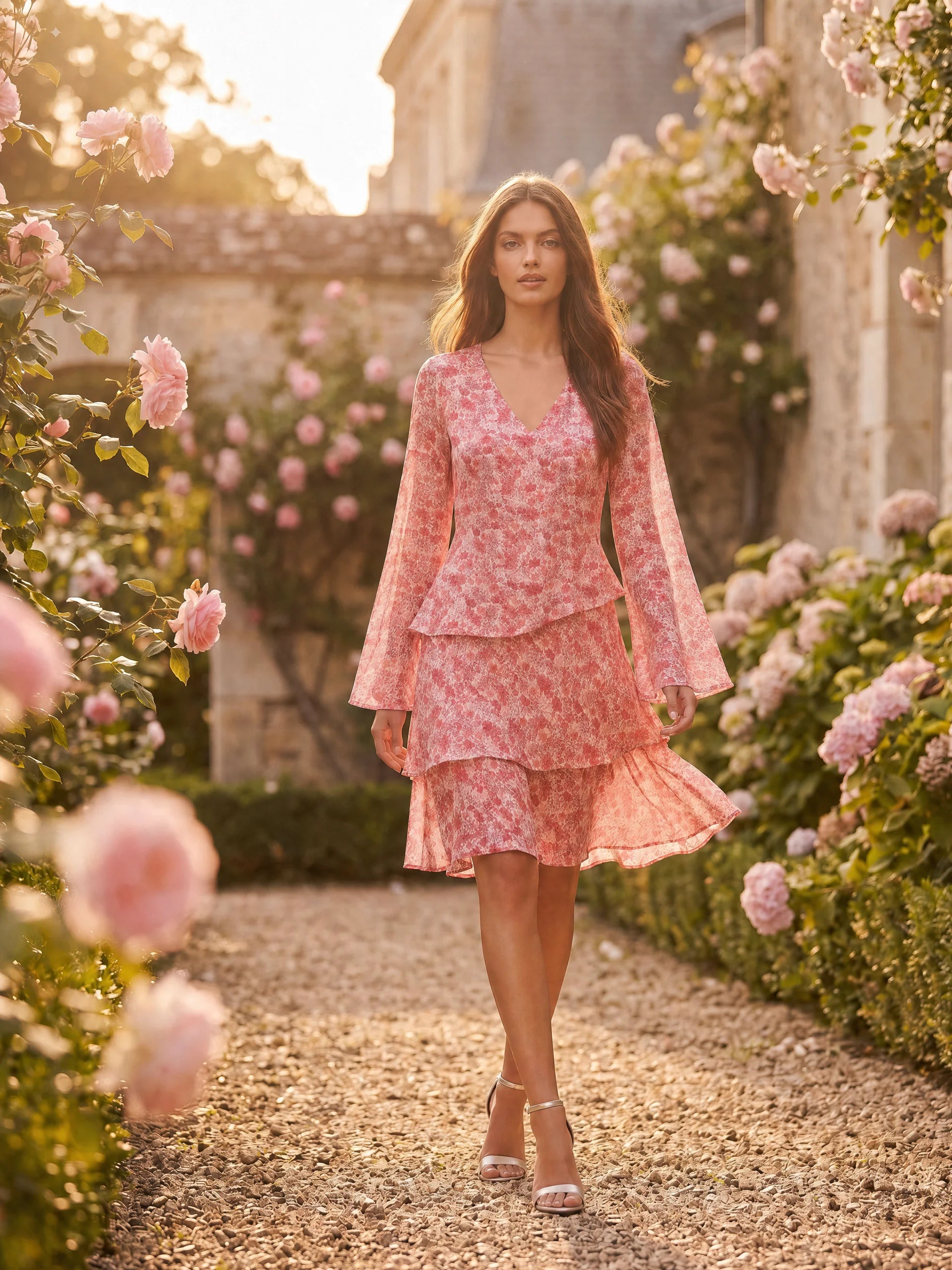Klänning med volanger i viskos crepe | Lottie Pink flower