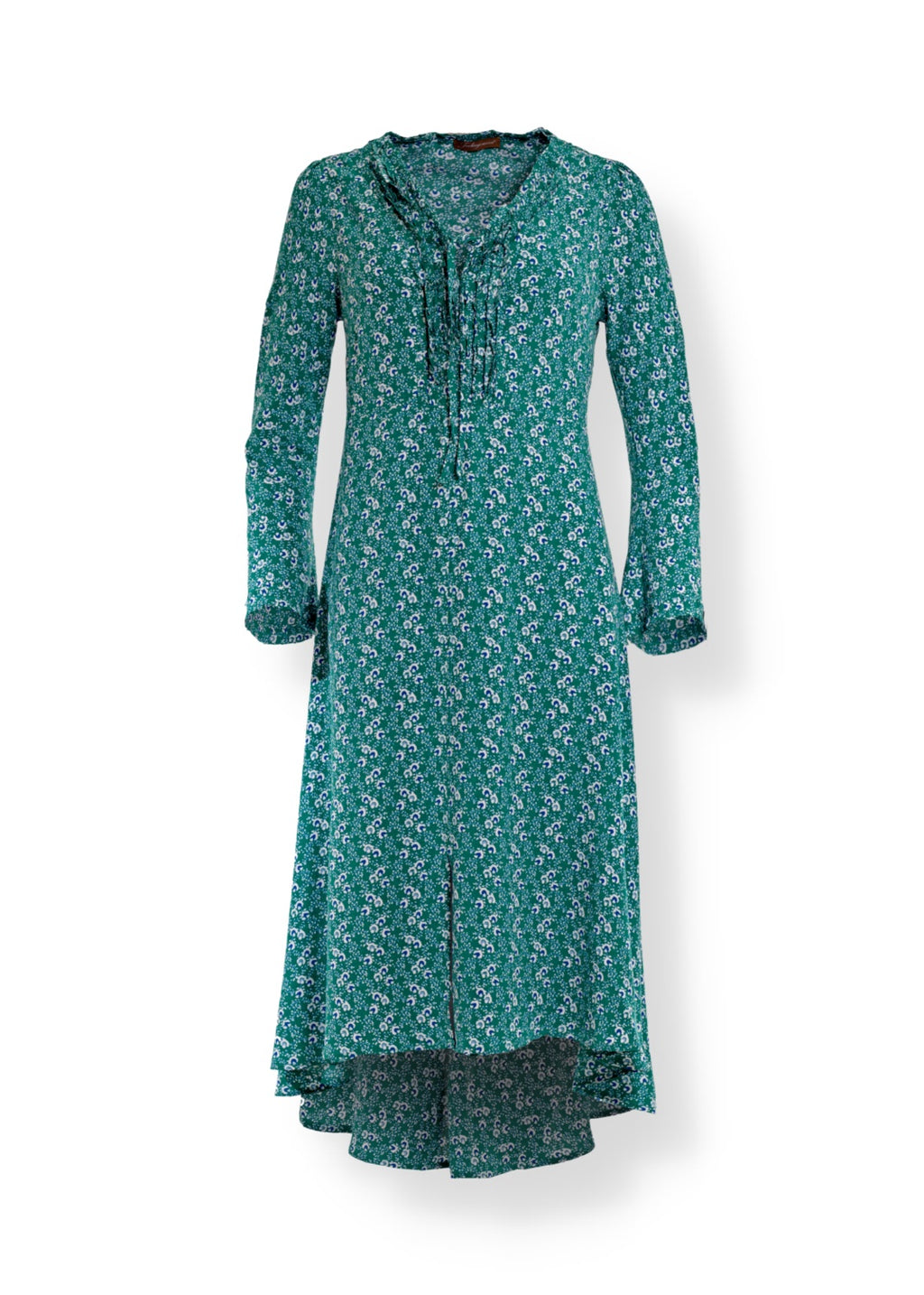 Grön småblommig Crepe viskos klänning med hög midja och extra vidd i kjolen. V-ringningen med  klockformade ärmar ger en 70s bohemisk look. 