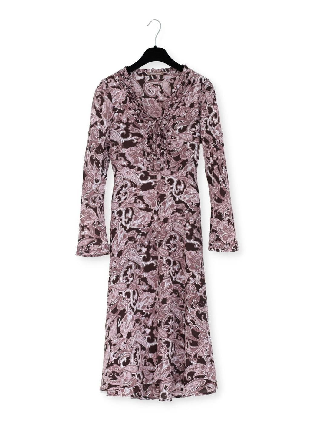 Crêpe viskos klänning från Feeling Collection, hög midja, extra vidd i kjolen. V-ringad med  klockformade ärmar ger en 70s bohemisk look. 