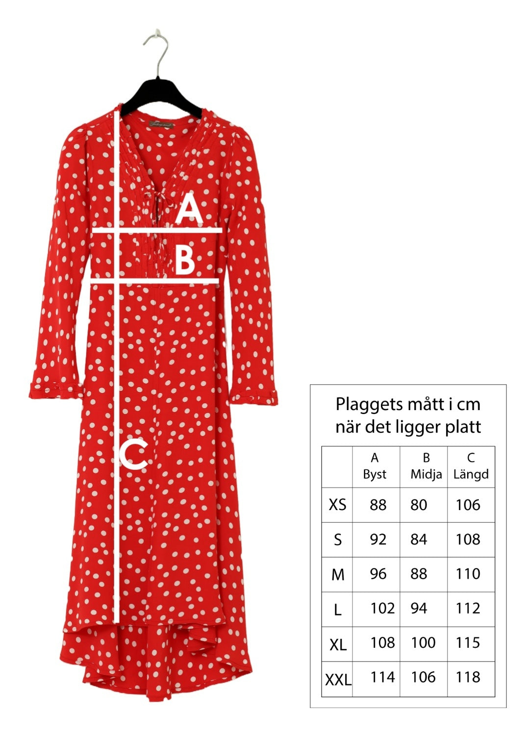 Midilång klänning med ärm i röd vit prickig crêpe viskos