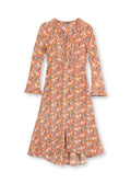 Småblommig Crepe viskos klänning, hög midja, extra vidd i kjolen. V-ringad med  klockformade ärmar ger en 70s bohemisk look. 