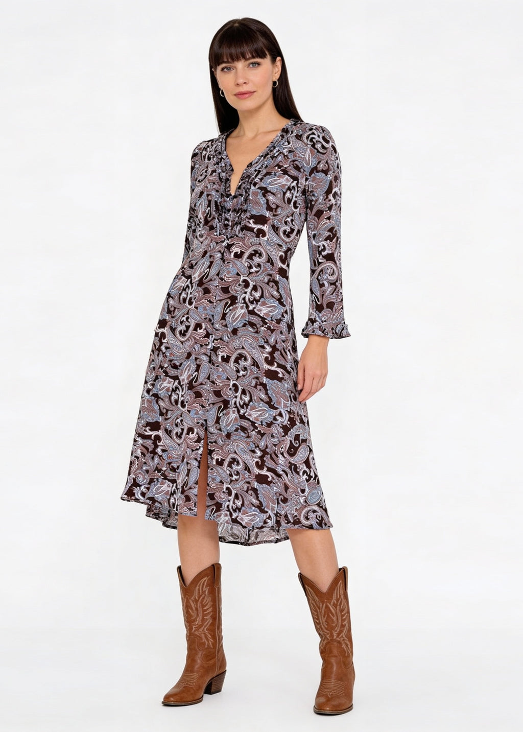 Midilång klänning med ärm i viskos - Blue Paisley