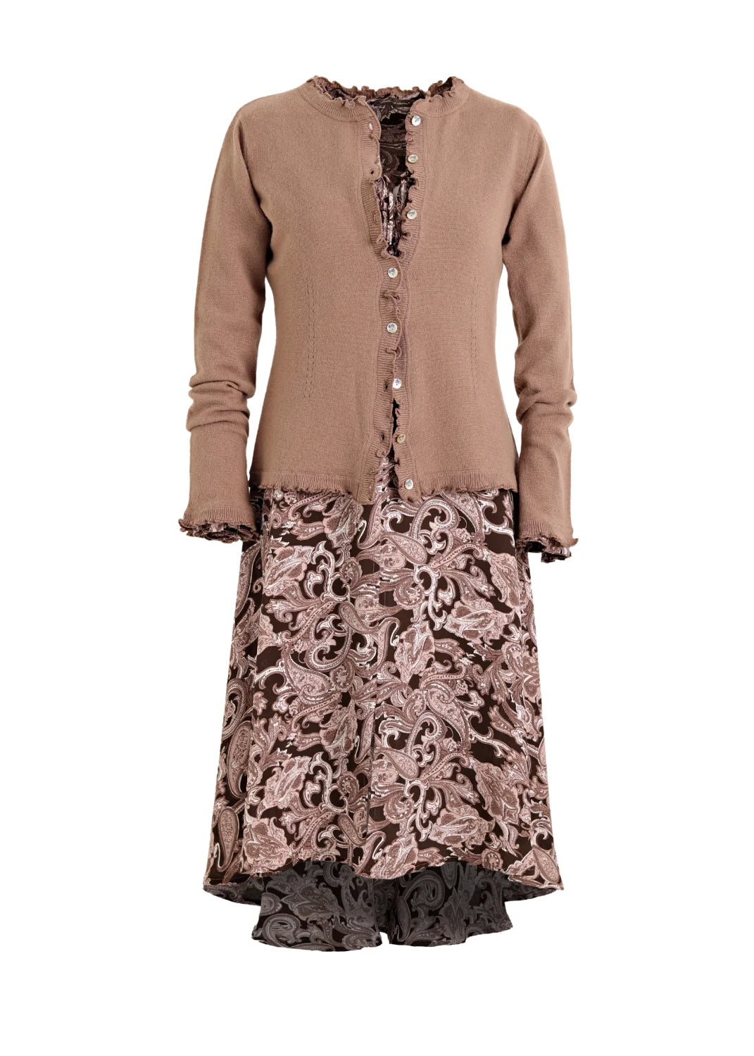 Midilång klänning med ärm i viskos | Maggan Pink-Brown Paisley