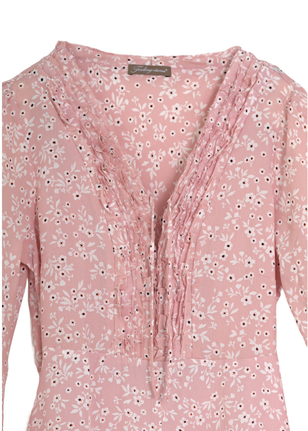 Pink Long sleeve dress in small floral viscose crepe