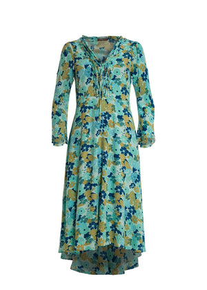 Aqua blommig Crepe viskos klänning, hög midja, extra vidd i kjolen. V-ringad med  klockformade ärmar ger en 70s bohemisk look. 