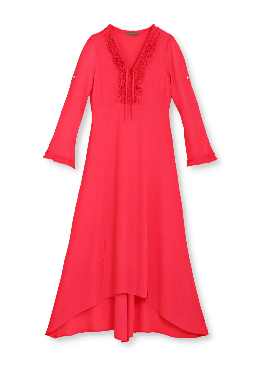 Mila Corallröd lång klänning med ärm i viskos bohemisk chick 