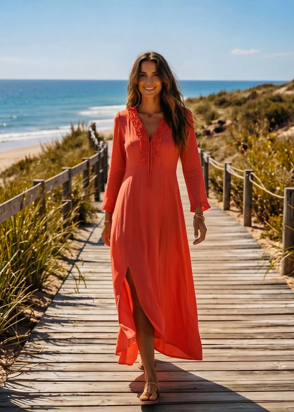 Lång bohemisk Klänning i Viskos med ärm | Mila dress - corallröd