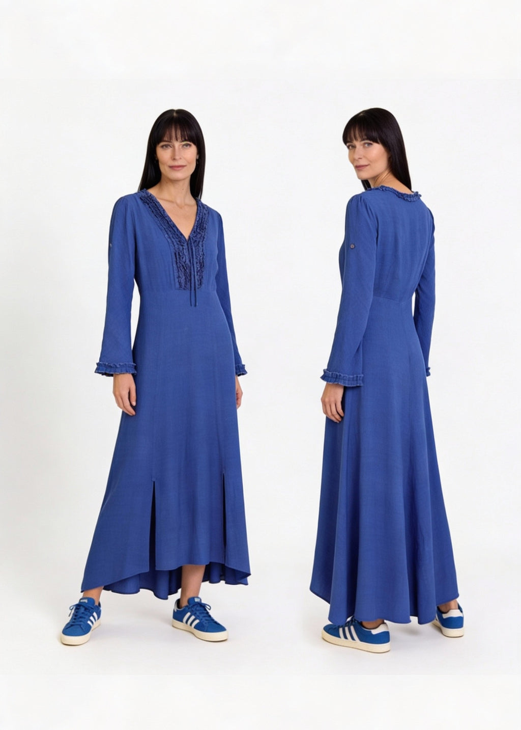 Lång klänning med ärm i crêpe viskos | Mila Denim blue