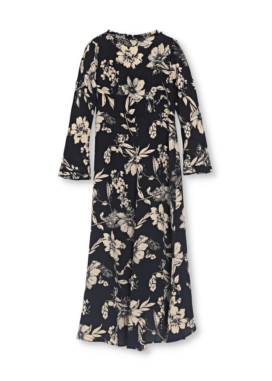 Svart och beige mönstrad klänning i crepe viskos. Bak vy. 70-tals bohemisk look. 