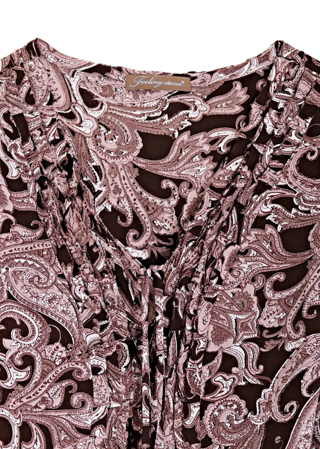 Mila dress lång viskosklänning rosa-brun paisley front detalj
