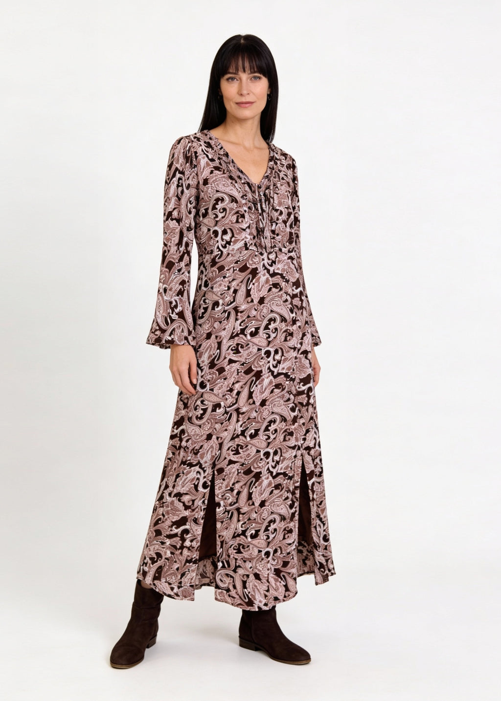 Maxilång klänning med ärm i viskos - Pink/Brown Paisley