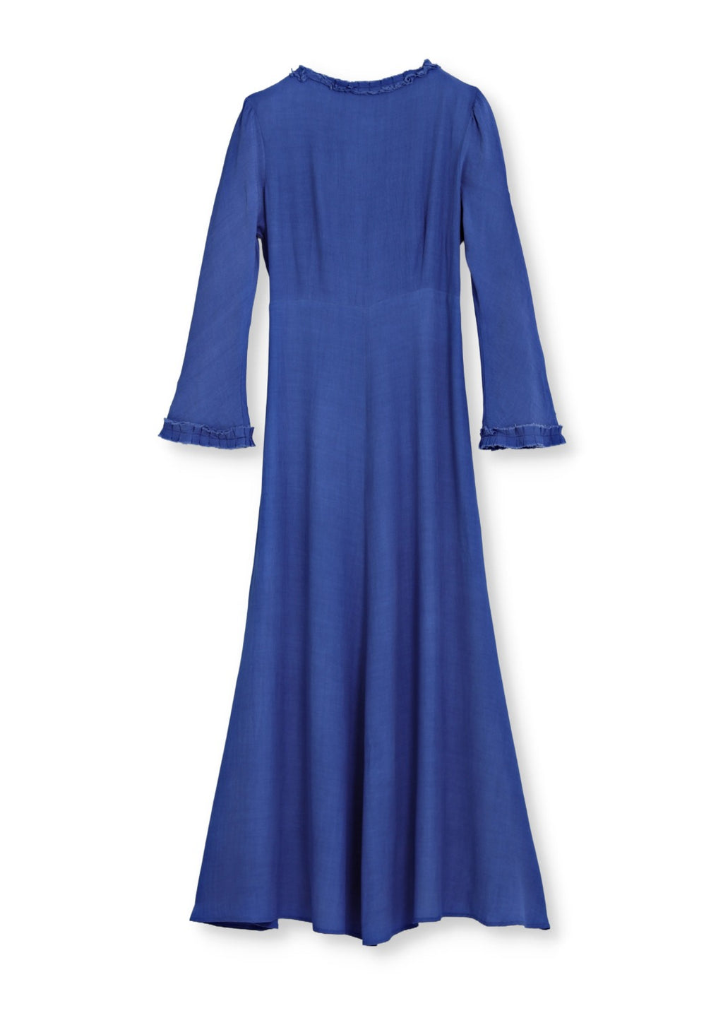 Denim blå lång klänning med lång ärm och extra fin vidd i kjolen i lyxig viskos crêpe, en tidlös 70-tals inspirerad look.