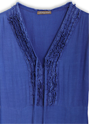 Maxi lång klänning med ärm i crêpe viskos - Denim blue