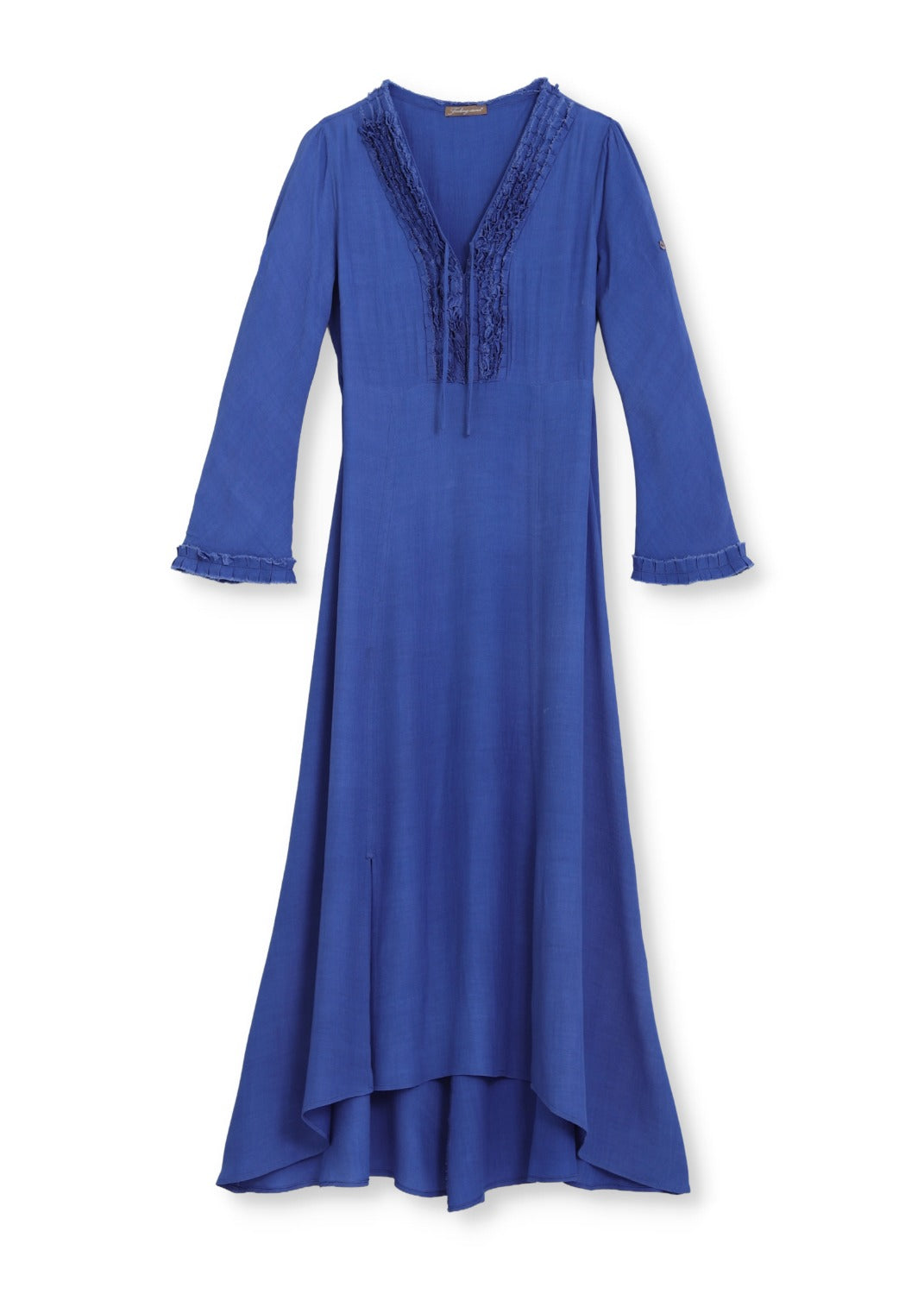 Denim blå lång klänning med lång ärm och extra fin vidd i kjolen i lyxig viskos crêpe, en tidlös 70-tals inspirerad look.