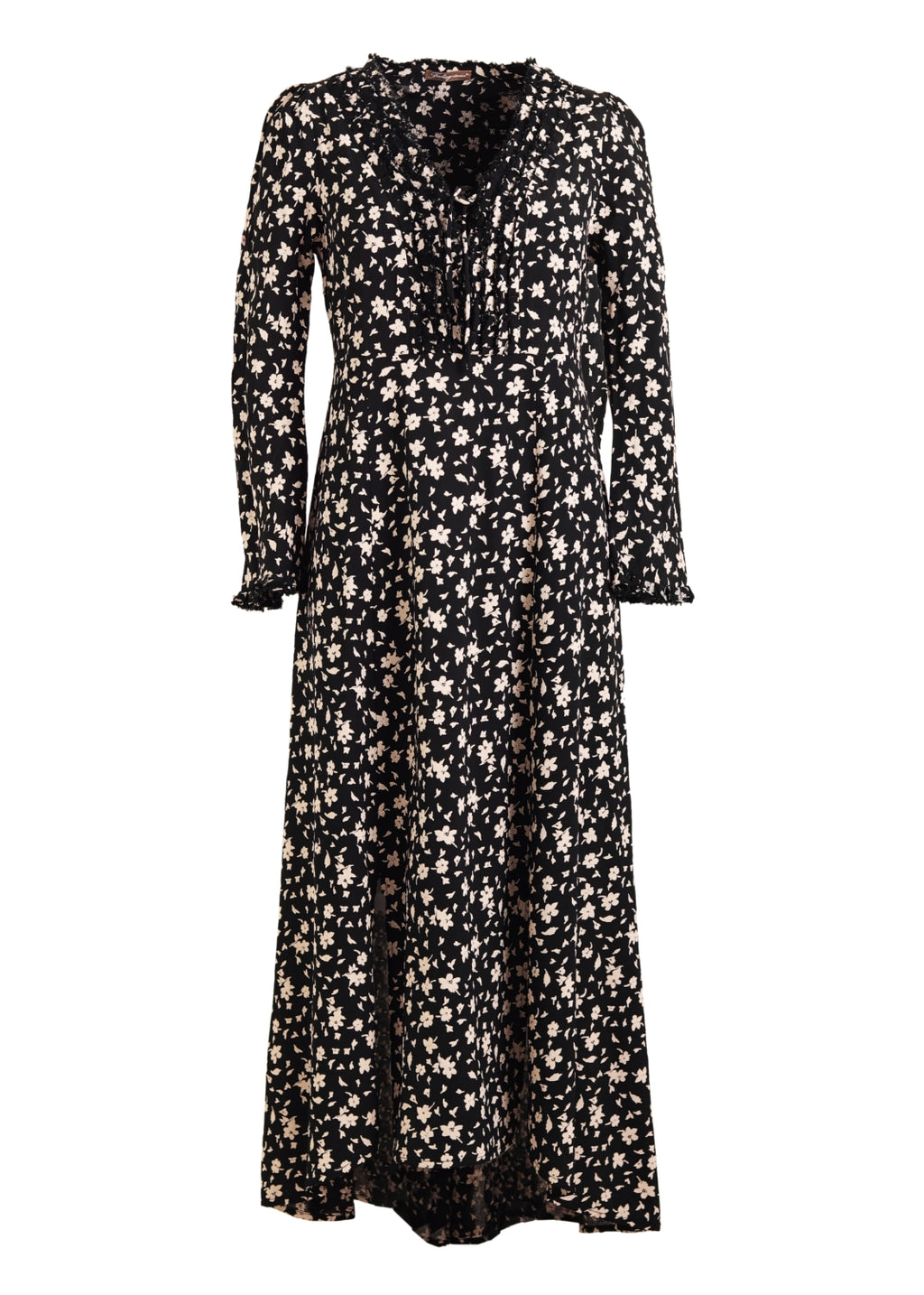 Lång Klänning i Viskos med ärm | Mila dress Black & cream flower