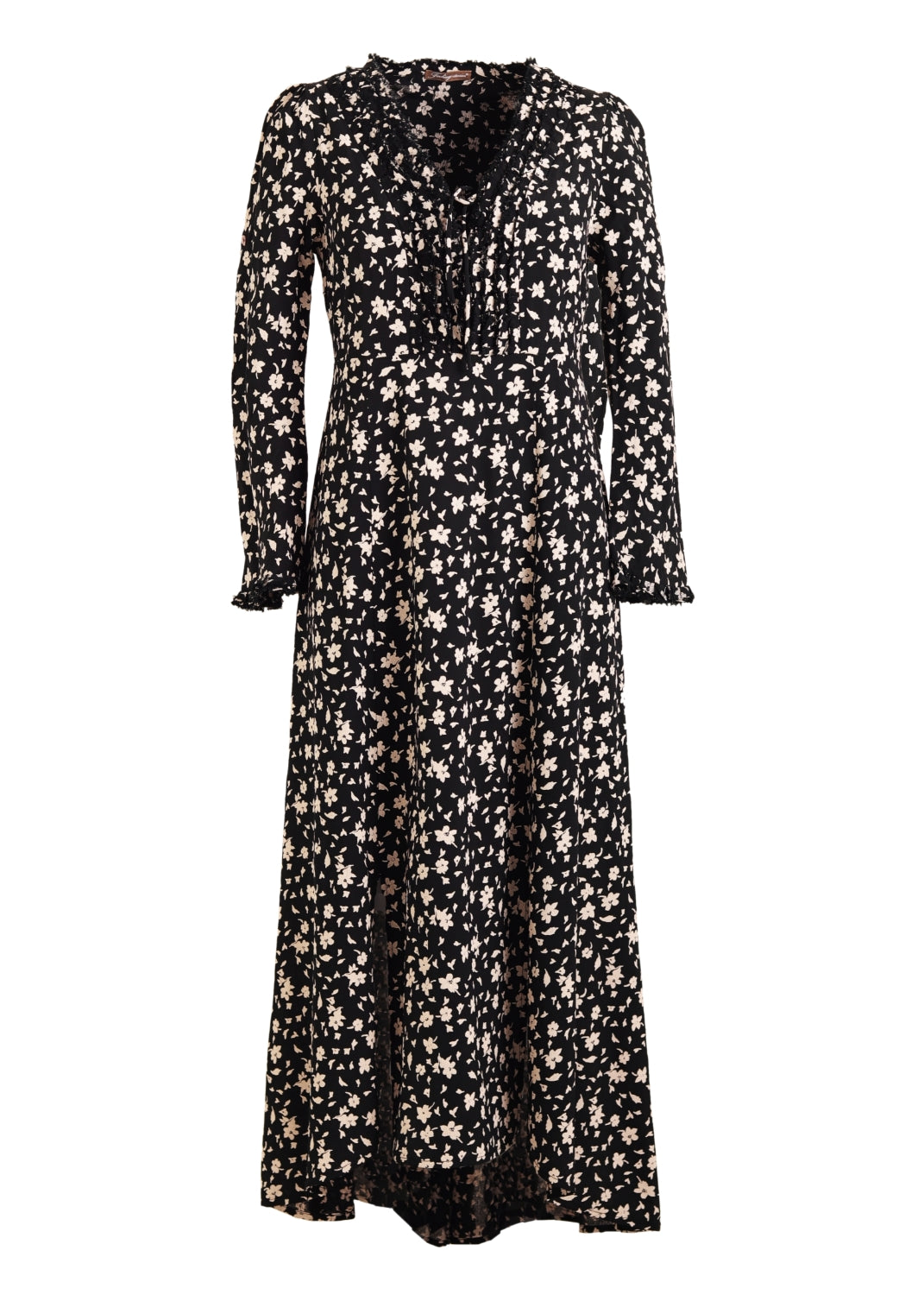 Lång Klänning i Viskos med ärm | Mila dress Black & cream flower