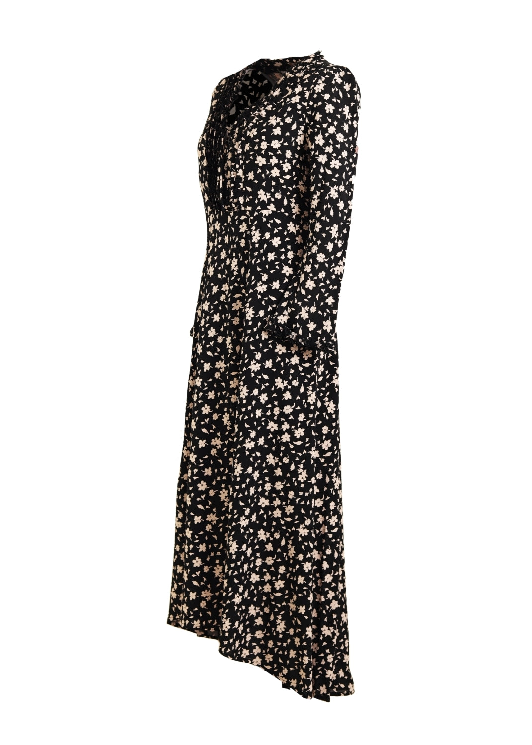 Lång Klänning i Viskos med ärm | Mila dress Black & cream flower