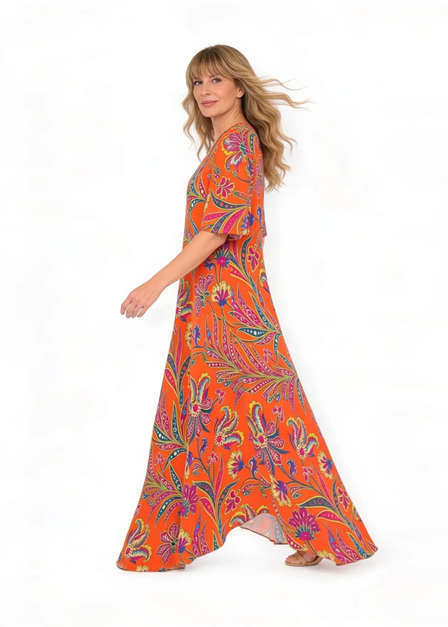 Minna Dress – Lång Klänning i Viskos | Bohemisk orange Paisley – Feeling Collection