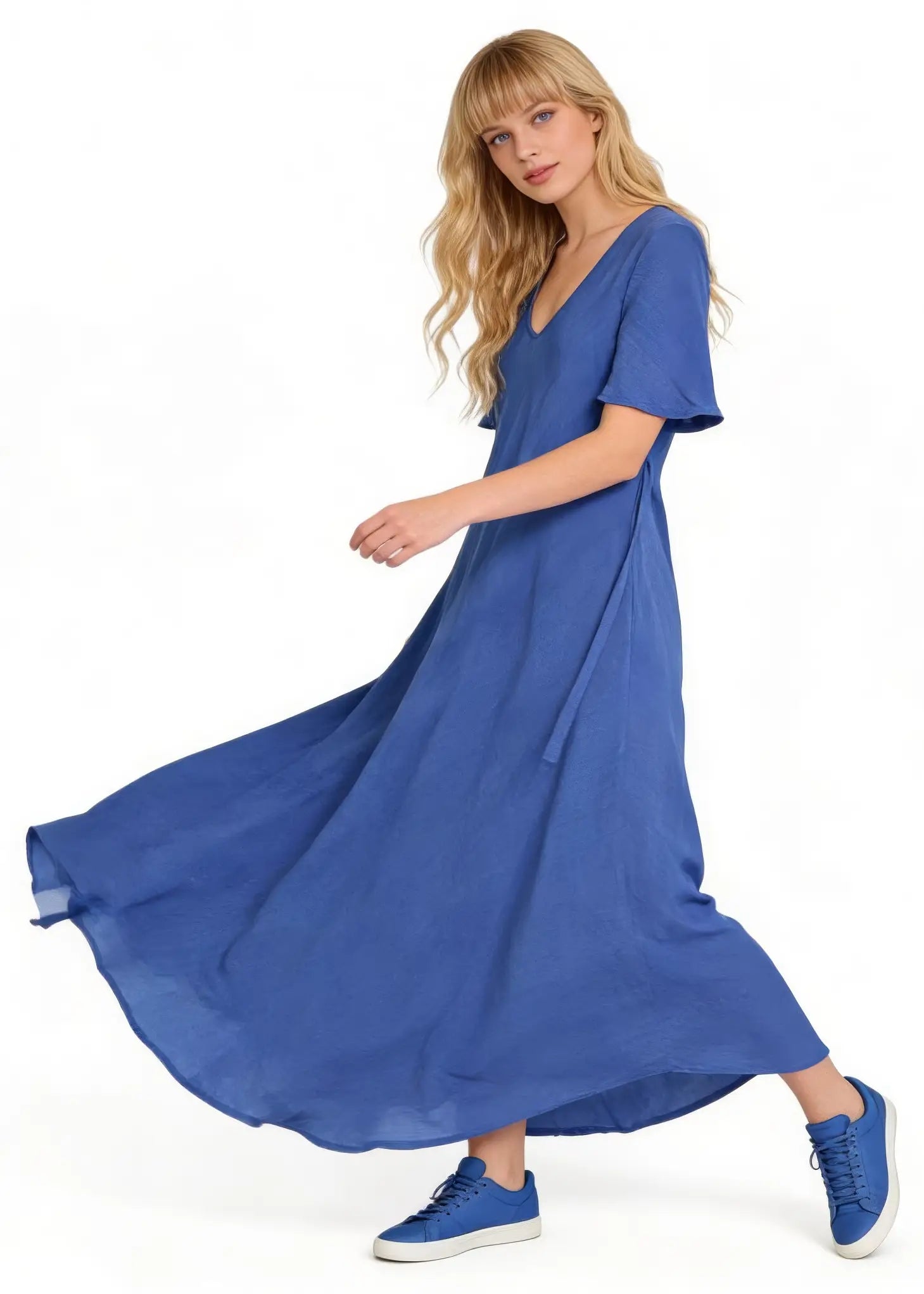 Maxilång klänning med kort ärm | Minna dress blue