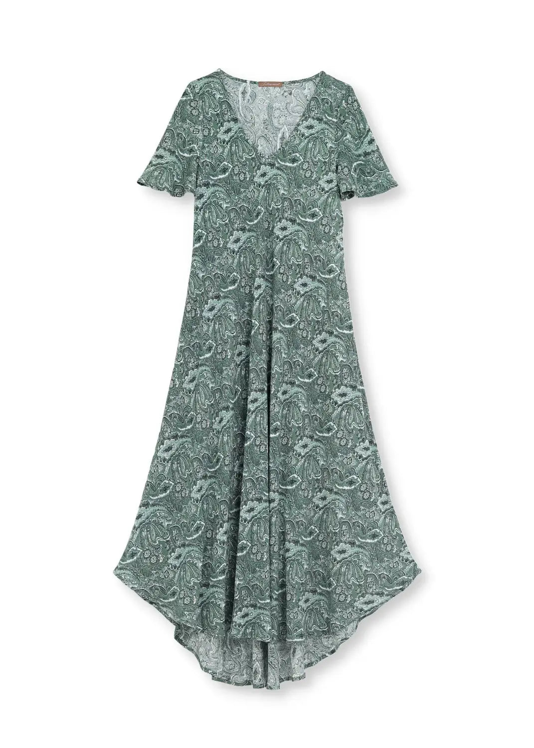 Minna Dress – Lång Klänning i Viskos | Bohemisk mönstrad grön paisley– Feeling Collection